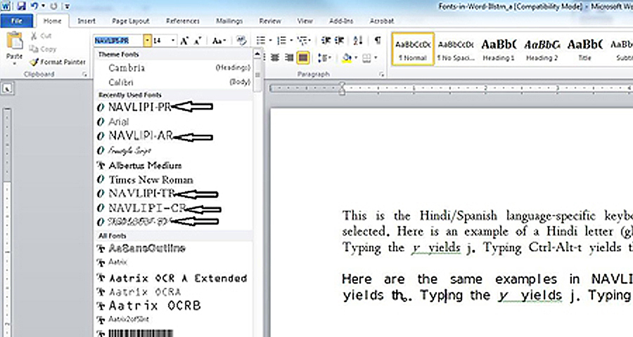 hindi font ms word